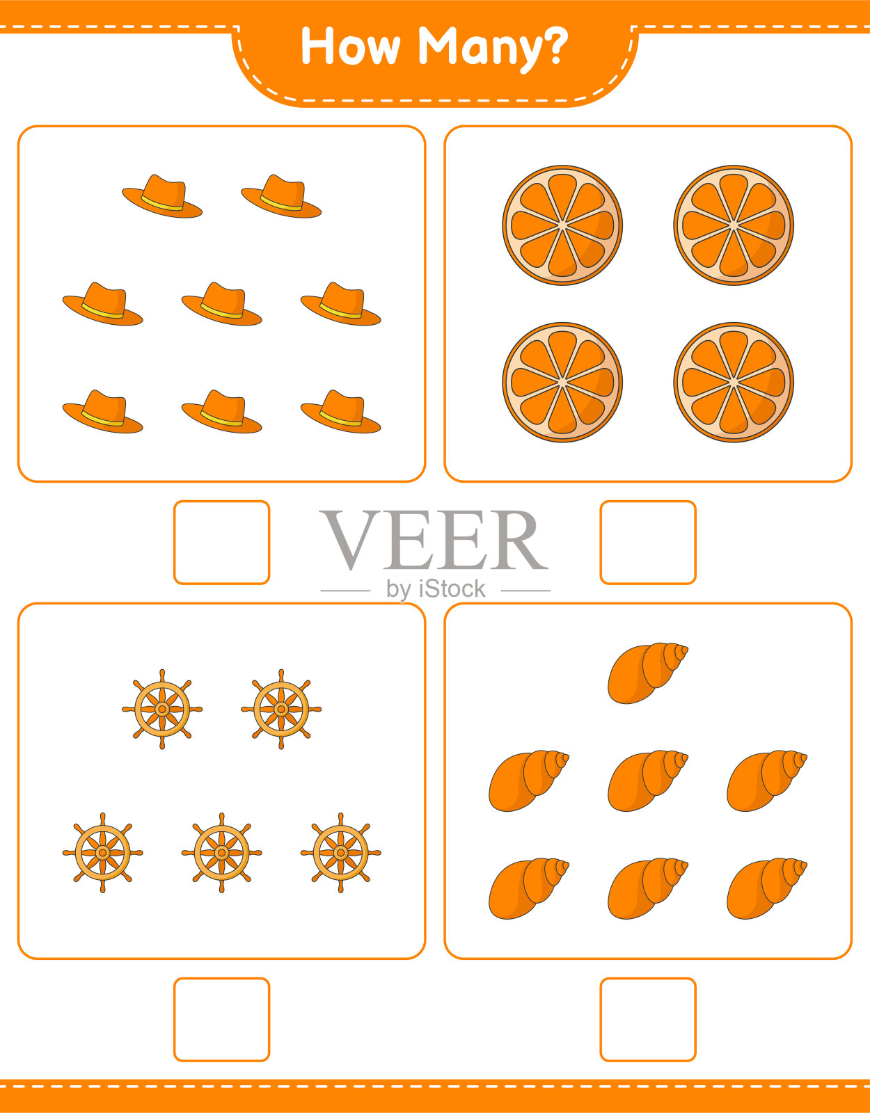 数游戏，多少橘子，船方向盘，海贝壳，和帽子。教育儿童游戏，可打印的工作表，矢量插图插画图片素材