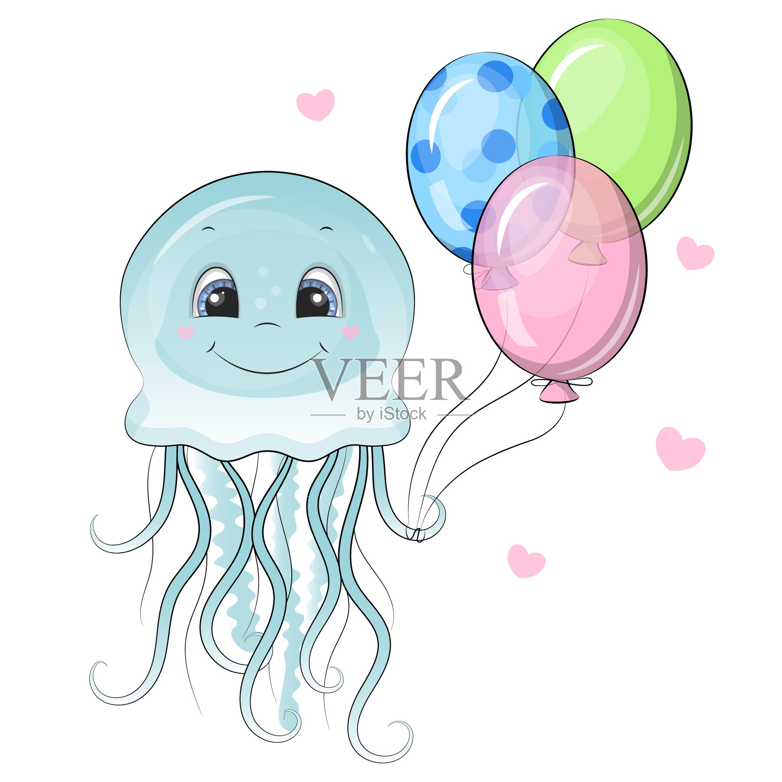 可爱的卡通蓝色水母与气球。插画图片素材