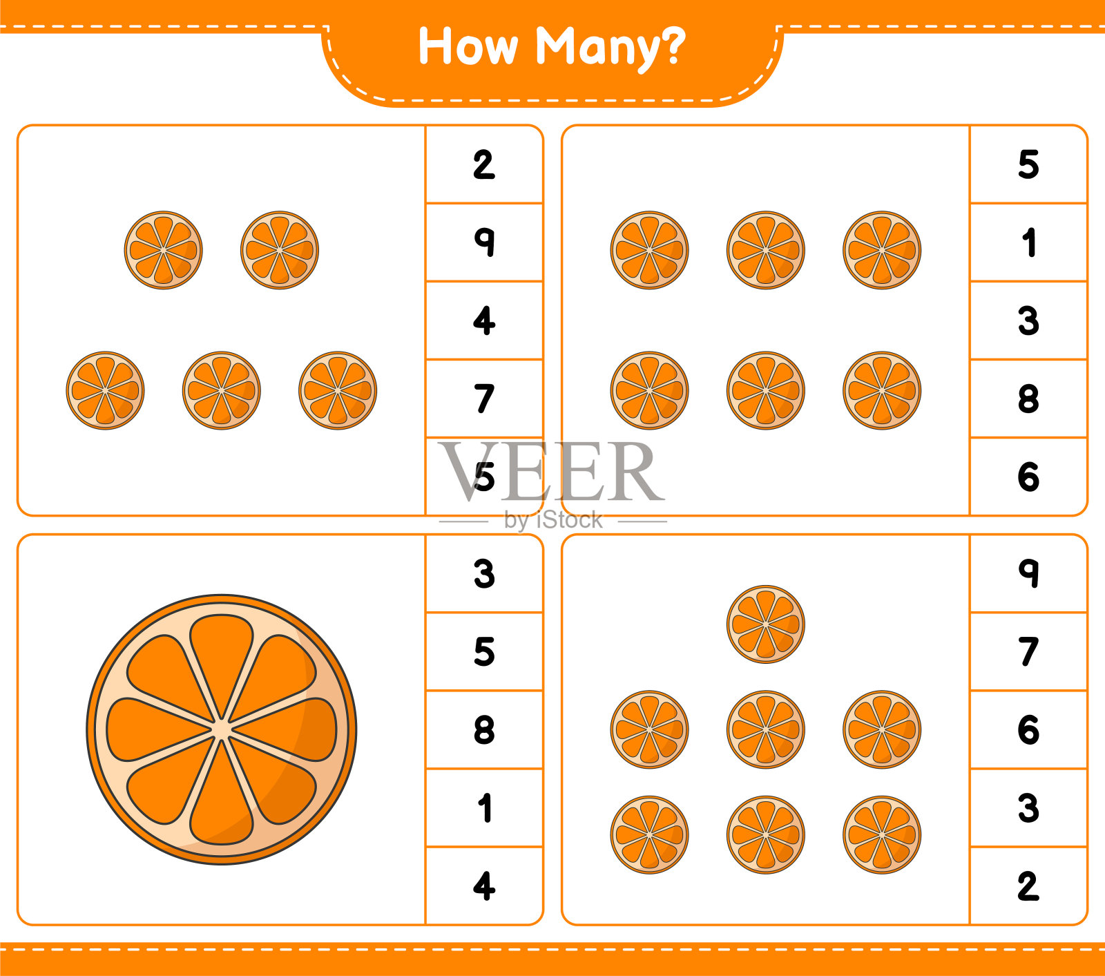 数游戏，多少橙。教育儿童游戏，可打印的工作表，矢量插图插画图片素材