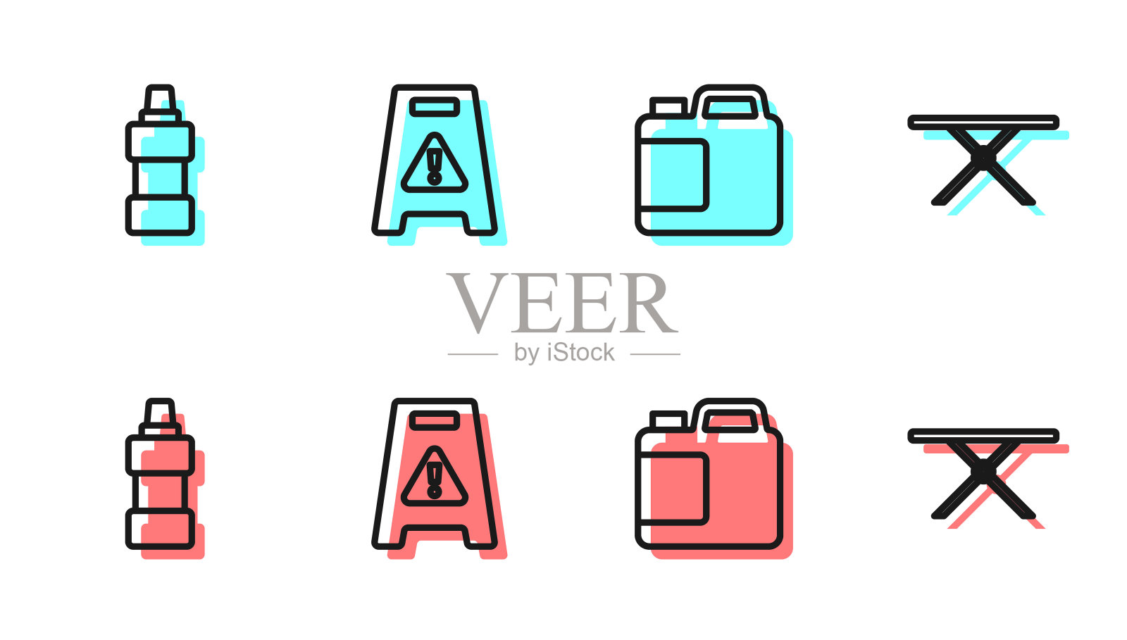 设置直线瓶清洁剂，湿地板和熨烫板图标。向量图标素材