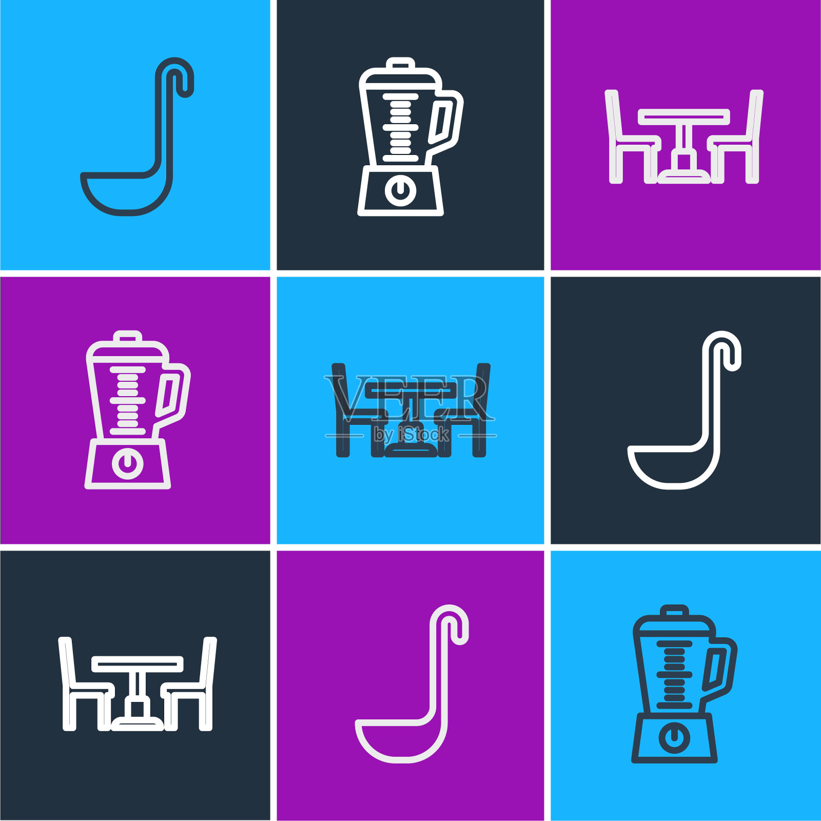 厨房长柄勺，木桌和椅子，搅拌机图标。向量图标素材