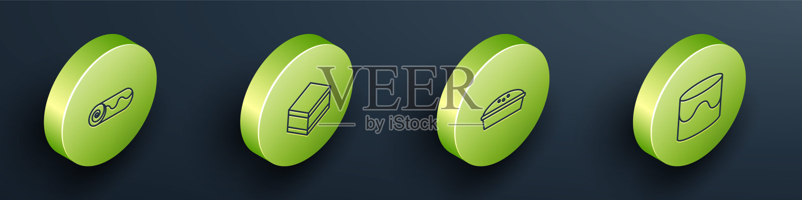 设置等距线巧克力卷蛋糕，布朗尼巧克力，自制派和蛋糕图标。向量图标素材