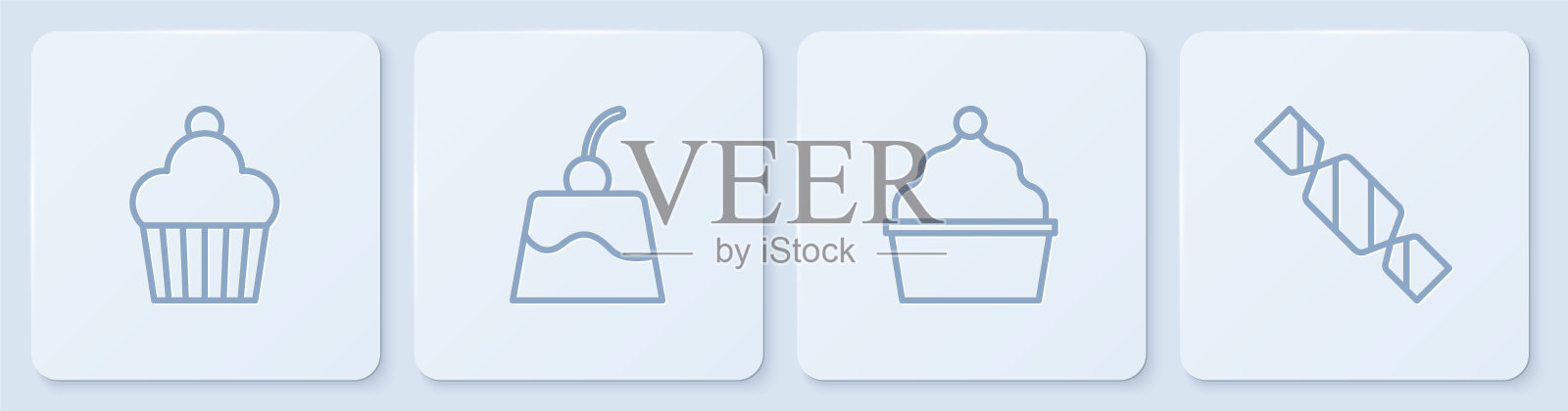 定线蛋糕，布丁，蛋奶沙司和糖果。白色正方形按钮。向量插画图片素材