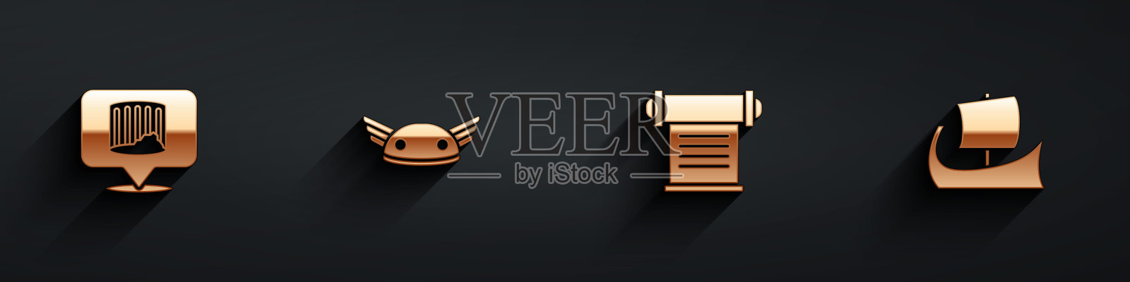 设置古柱，带翅膀的头盔，法令，羊皮纸，卷轴和希腊三重奏长影图标。向量插画图片素材