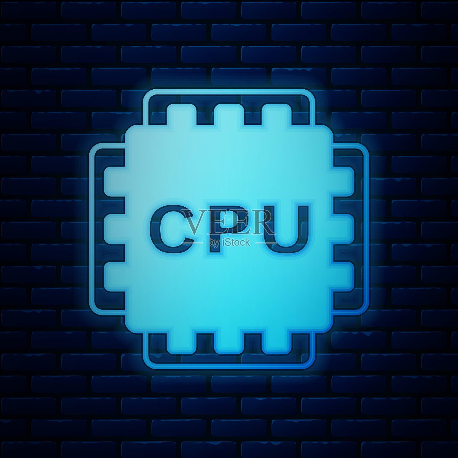 发光的霓虹灯计算机处理器微电路CPU图标隔离在砖墙背景上。带有电路板的芯片或cpu。微处理器。向量插画图片素材