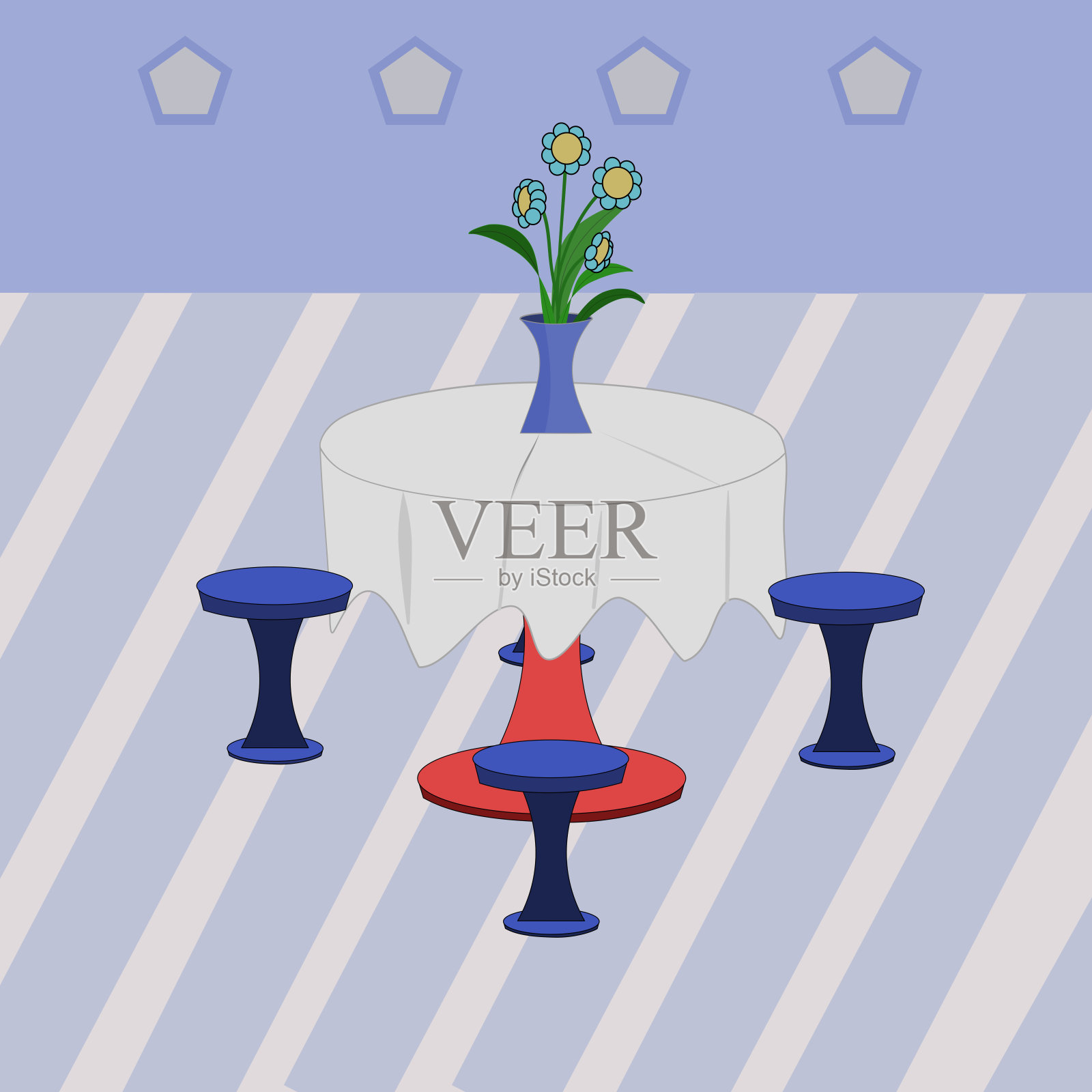 在咖啡厅，浪漫的咖啡厅和餐厅，浪漫约会的地方，桌子上的椅子和花瓶。插画图片素材