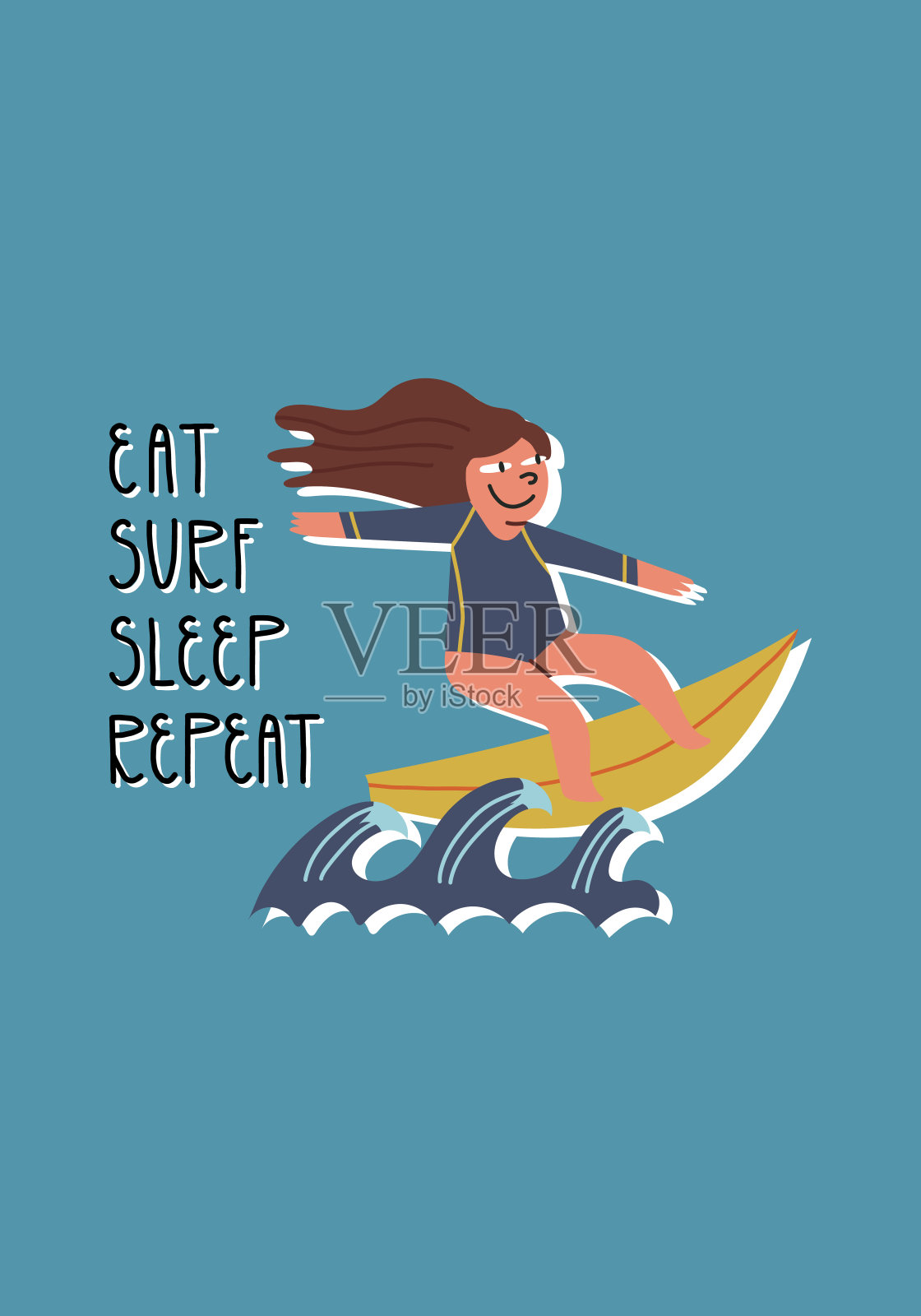 可爱的夏日度假卡片设计。文字口号吃，海滩，睡觉，重复和手绘冲浪女孩骑在蓝色的背景。插画图片素材