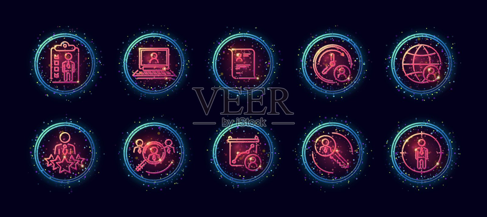 10中1向量图标设置相关的人力资源主题。线条艺术矢量图标在几何霓虹辉光样式与粒子图标素材