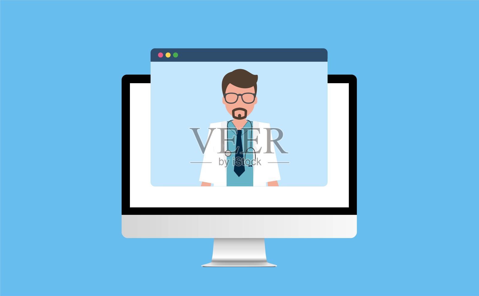 远程医疗访问期间，电脑屏幕上的在线医生插画图片素材