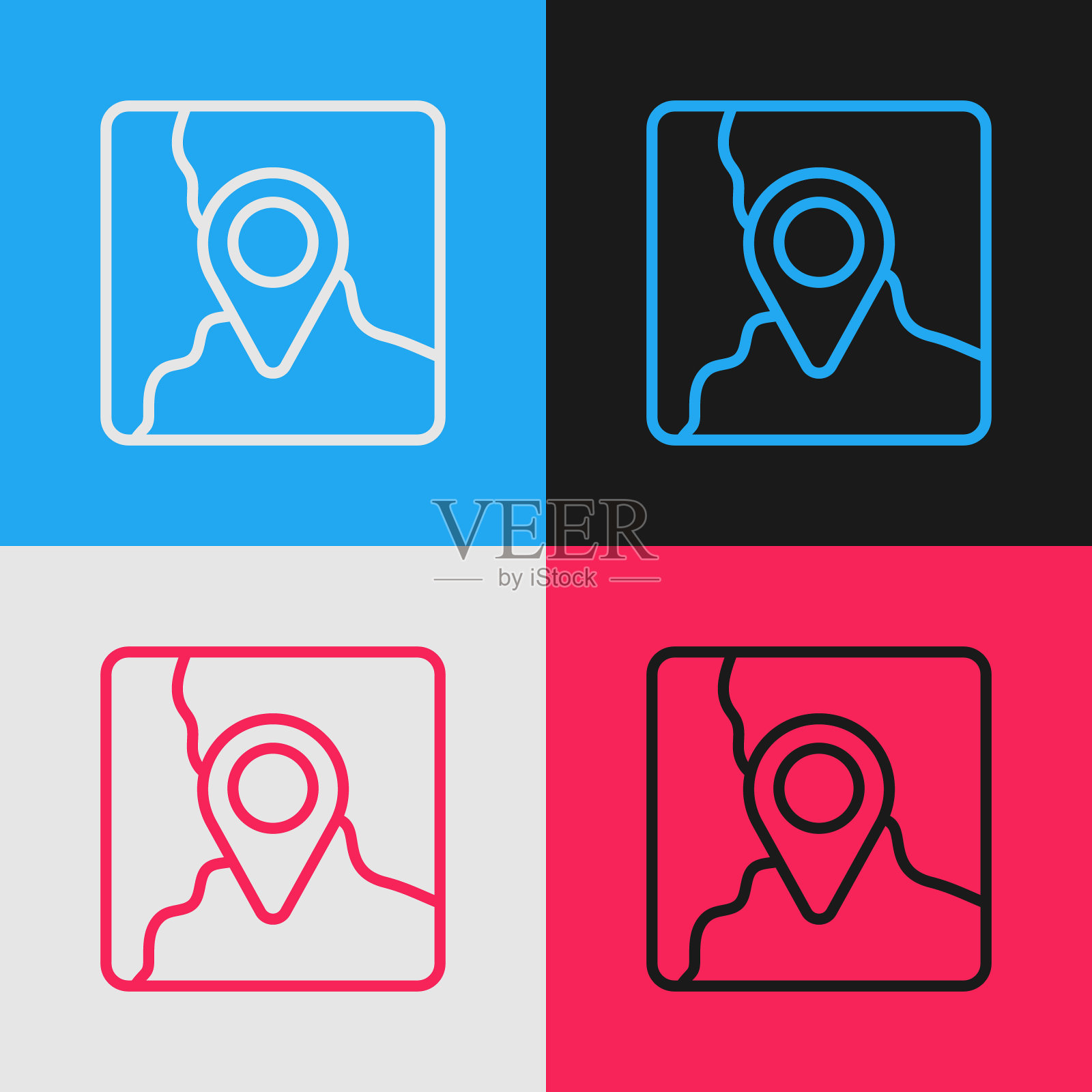 波普艺术线折叠地图与位置标记图标孤立的颜色背景。向量图标素材