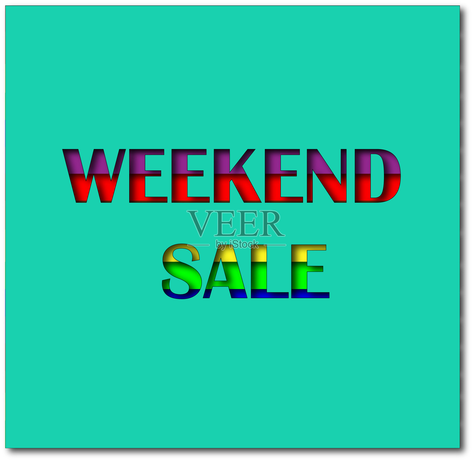 标签上写着周末促销。绿色背景。剪纸的风格。销售和折扣的概念。3 d render.Vector。设计元素图片