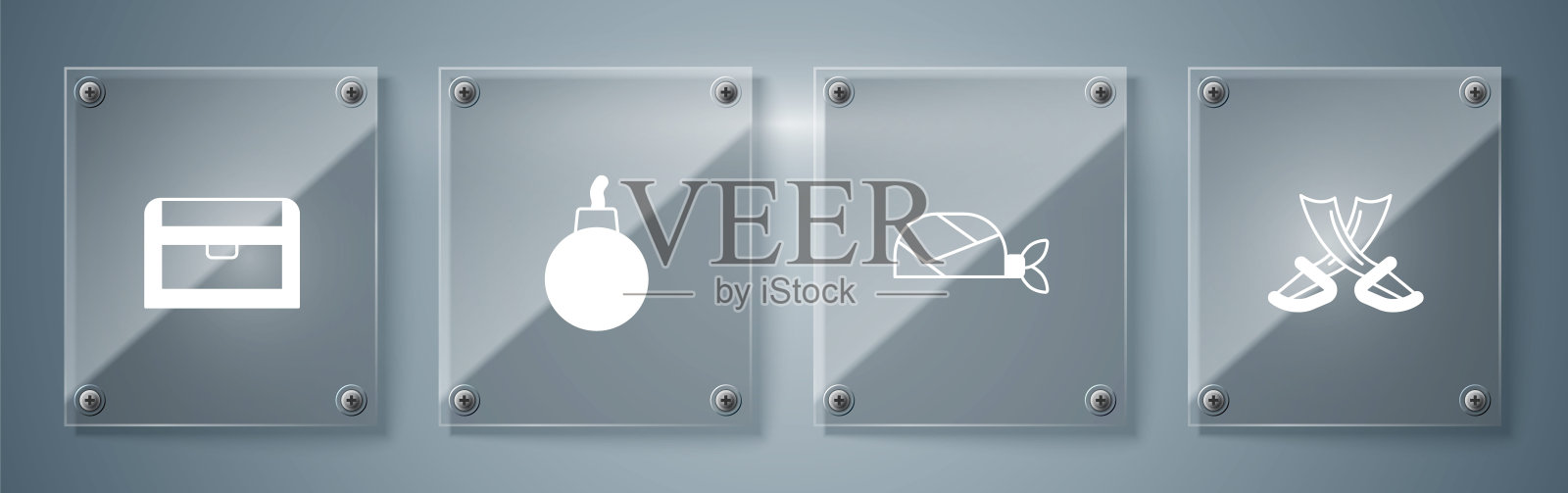 交叉海盗剑，海盗头巾为头，炸弹准备爆炸和古董宝箱。方形玻璃面板。向量插画图片素材