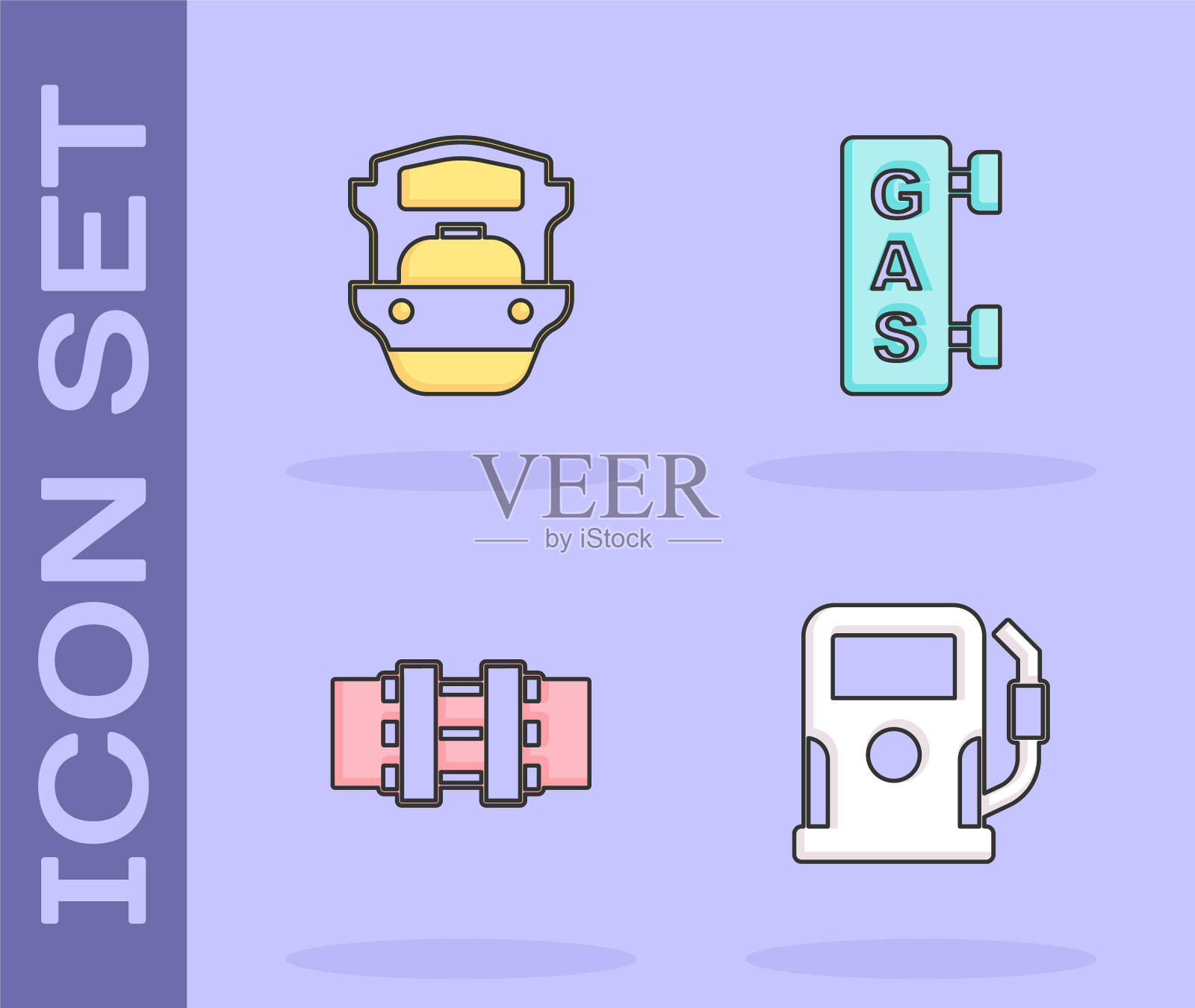 设置加油站、油船、金属管和阀门、加气罐图标。向量图标素材