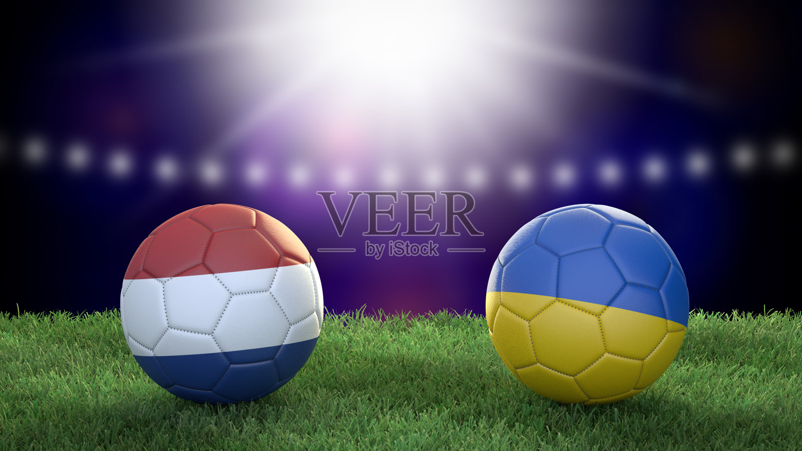 两个旗帜颜色的足球在体育场的背景模糊。荷兰和乌克兰。照片摄影图片