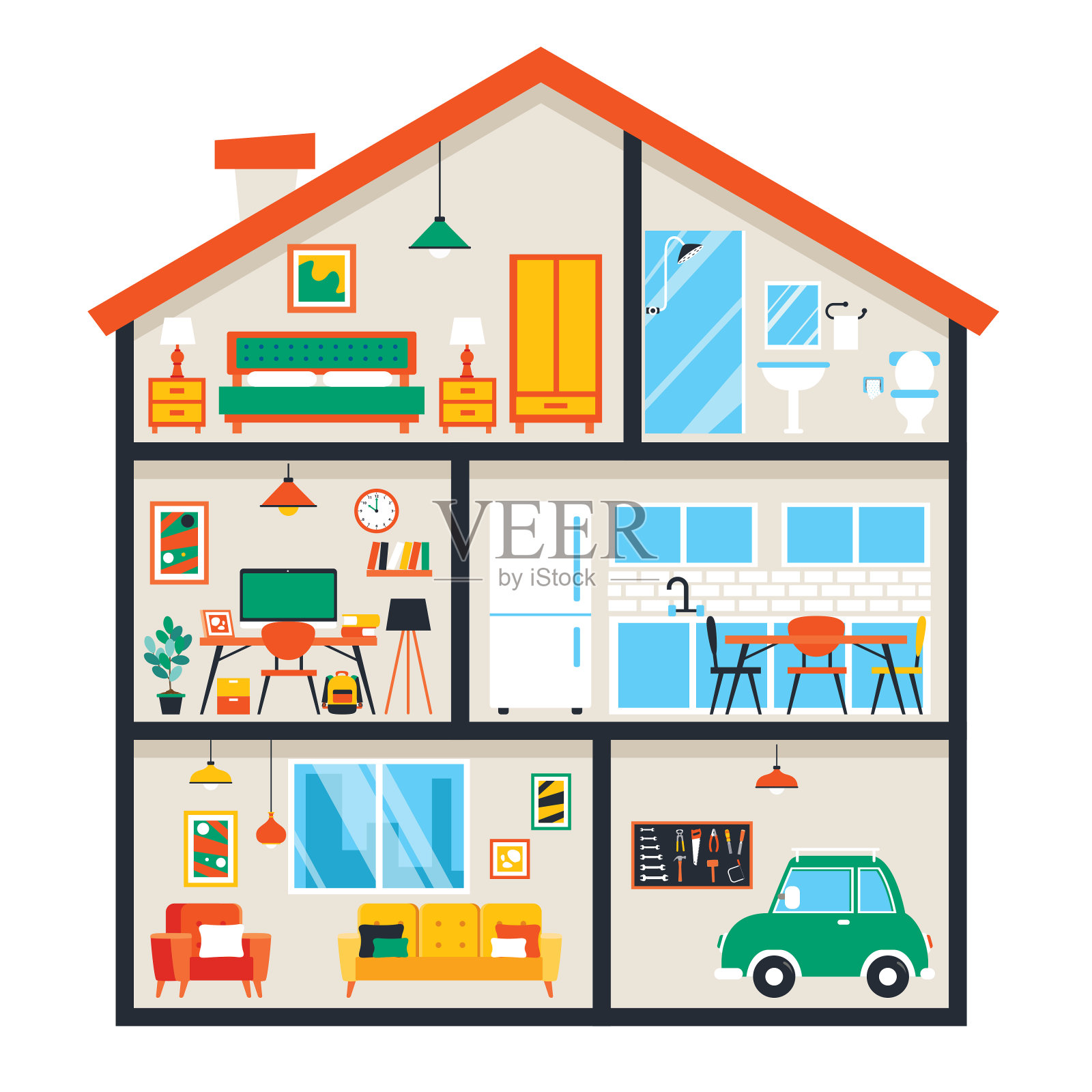房间配有扁平家具插画图片素材