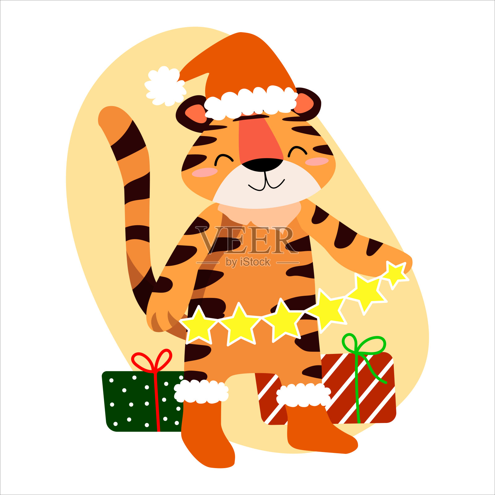 儿童的矢量插图的一个可爱的老虎幼崽在圣诞老人服装与花环和礼物在卡通风格。农历虎年插画图片素材