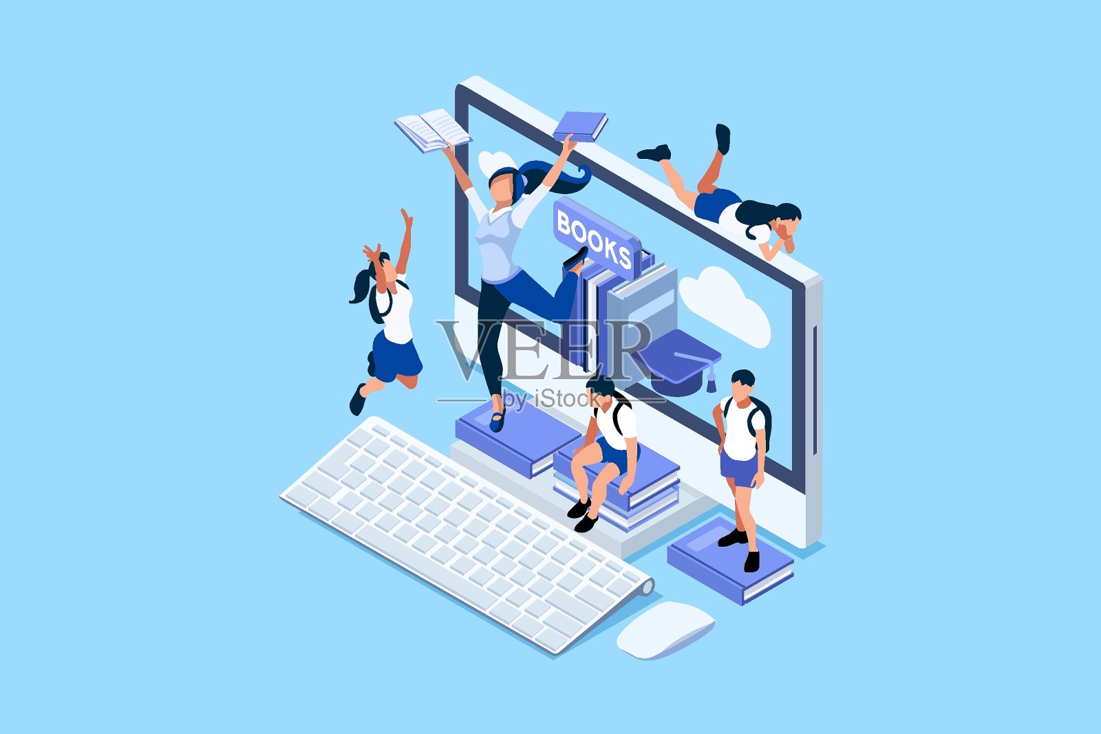 网络学习和寻找教育或文凭的概念。在课堂上用作业学习，在课桌上用书本和笔记本电脑学习，在家学习的概念。平面向量插图插画图片素材