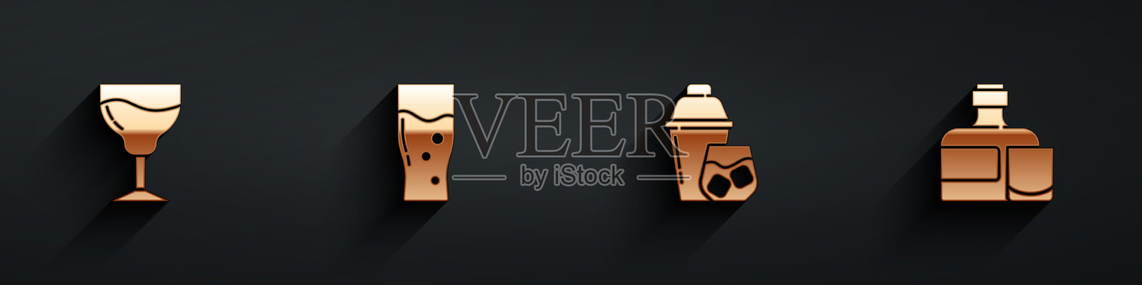 设葡萄酒杯、啤酒杯、鸡尾酒调酒器和图标素材