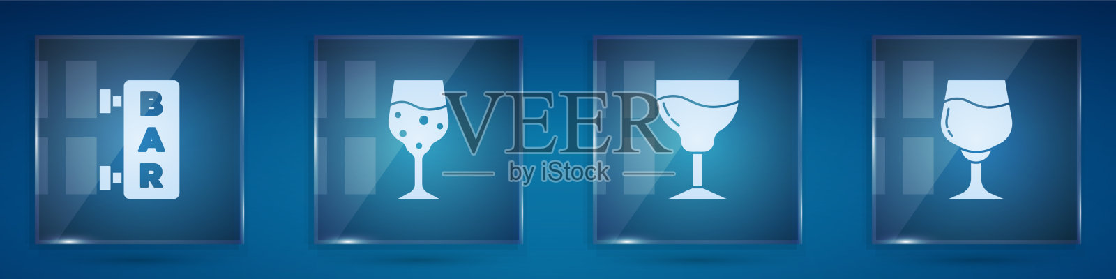 设置街道招牌与酒吧玻璃香槟图标素材