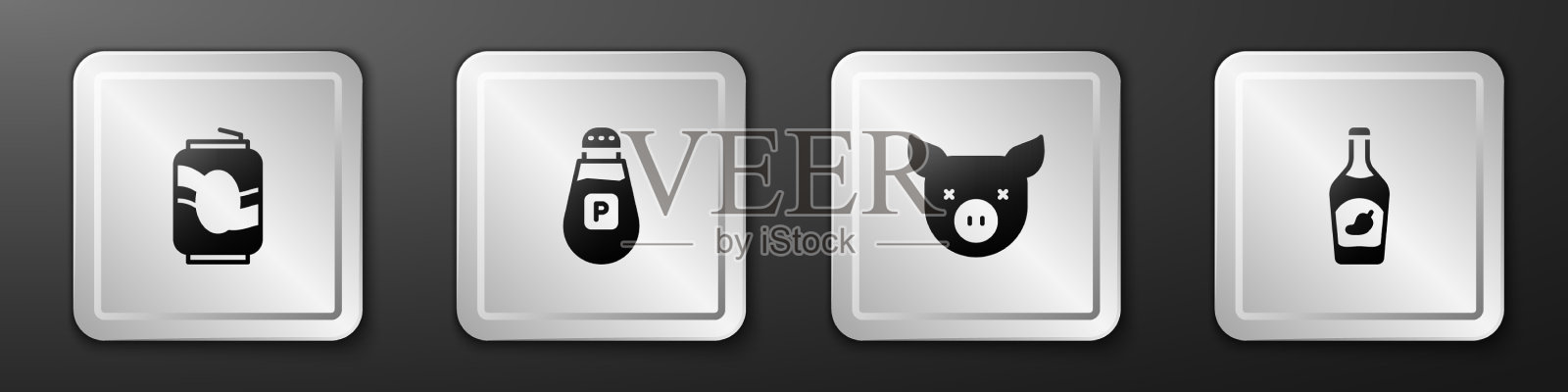 设定汽水罐、胡椒猪和番茄酱瓶的图标图标素材