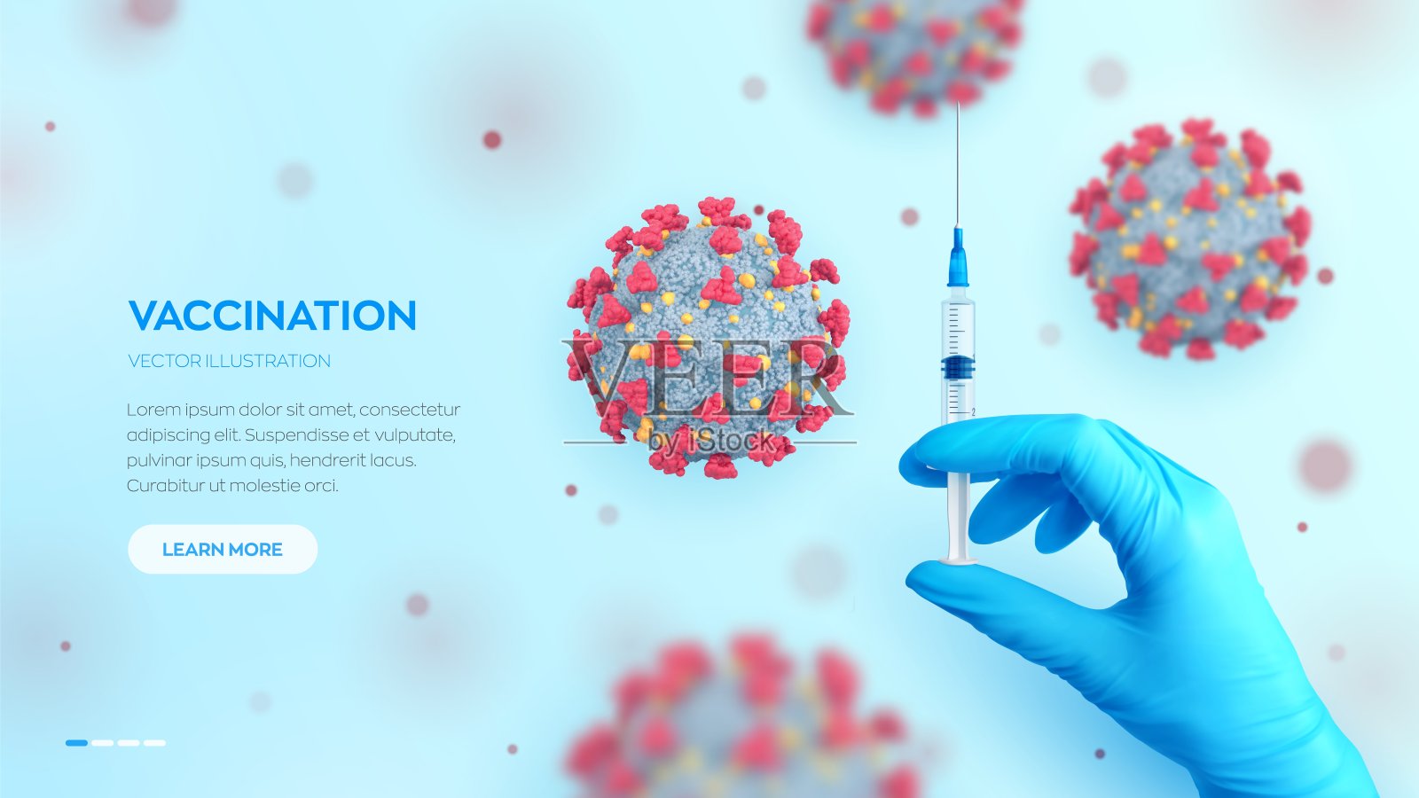 手持医用蓝色手套，手持装有疫苗的注射器。疫苗接种或免疫概念。手上拿着注射器和病毒细胞。COVID-19冠状病毒疫苗。向量现实的例证。插画图片素材