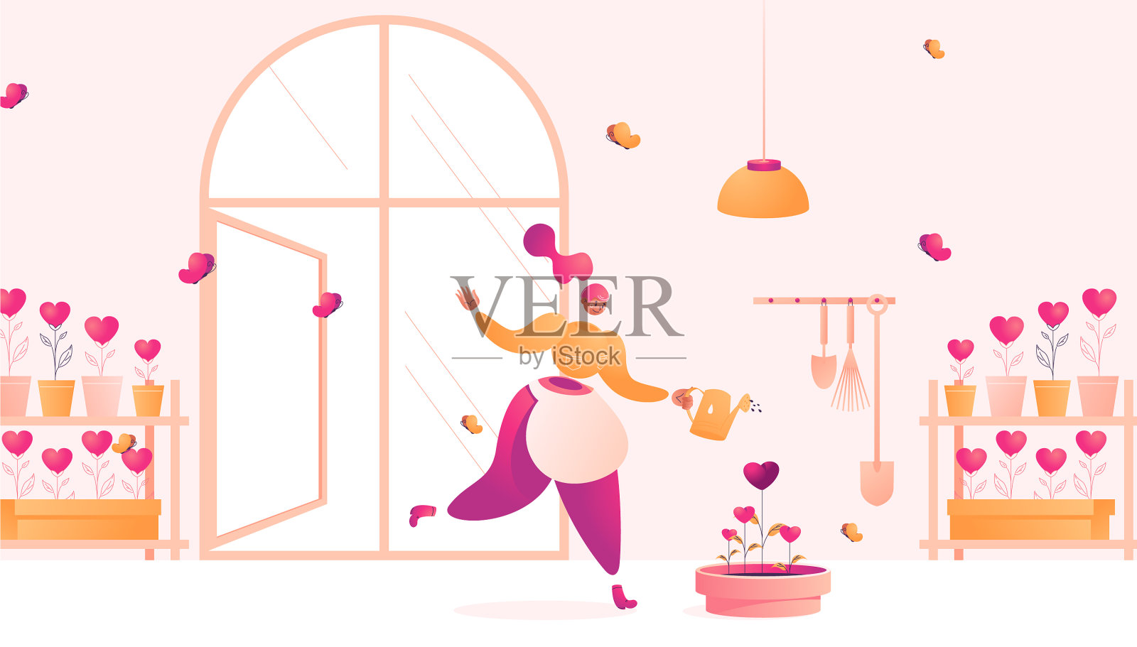 年轻女子为了得到更好的反馈而用心种植插画图片素材