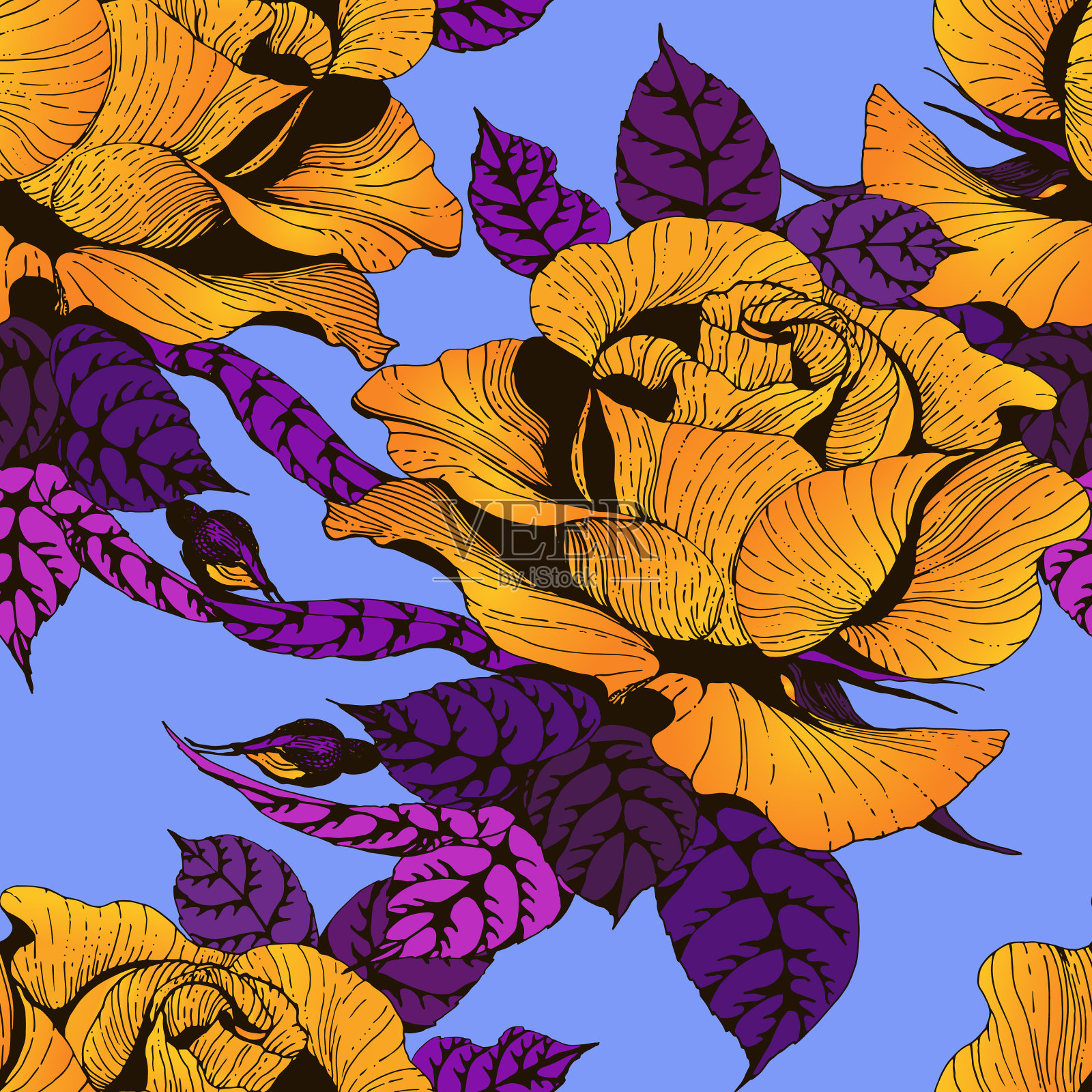 一根有叶子、花朵和花蕾的树枝是玫瑰插画图片素材