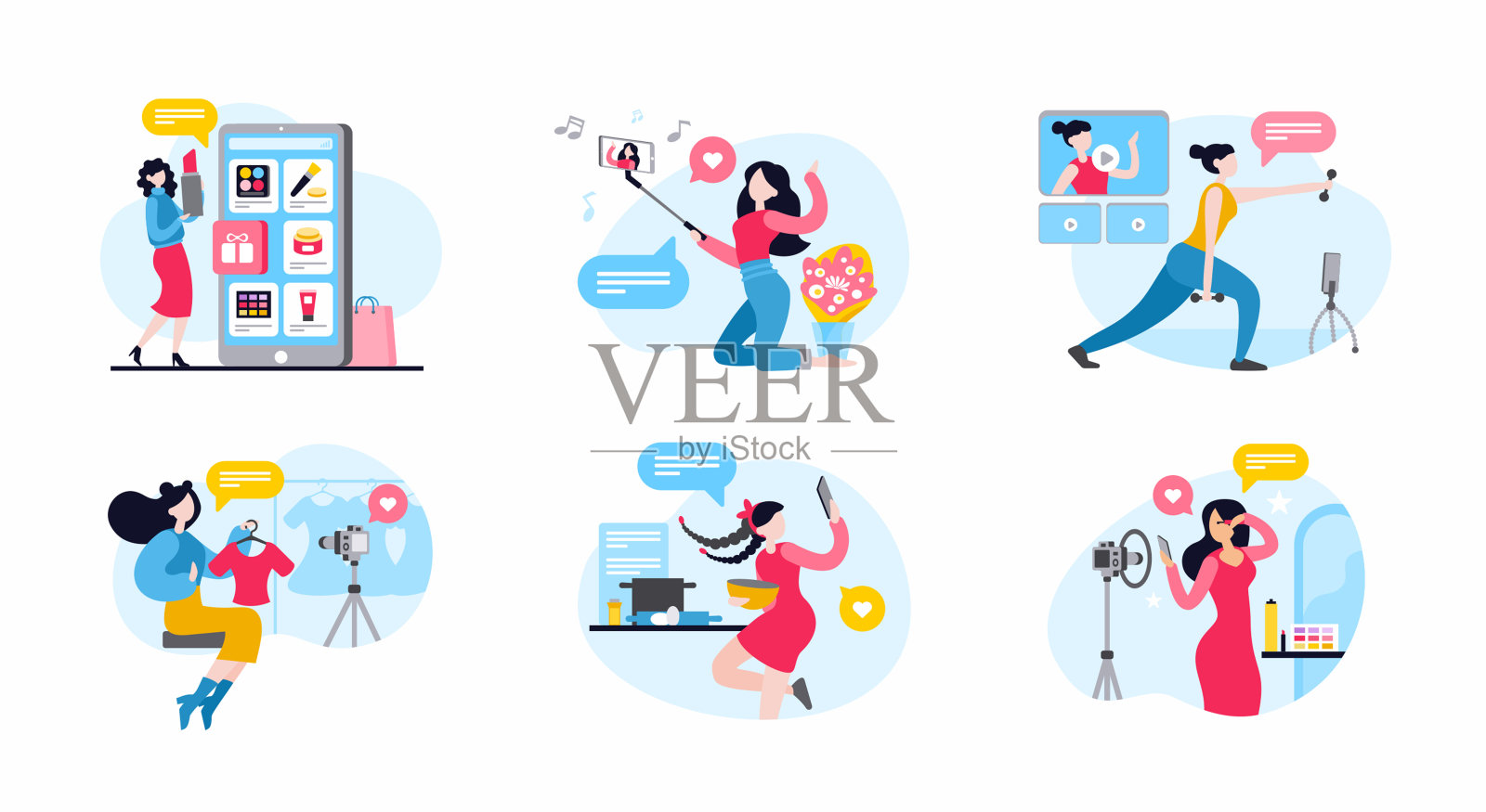 矢量平面组女性博主和视频博主制作内容图标素材