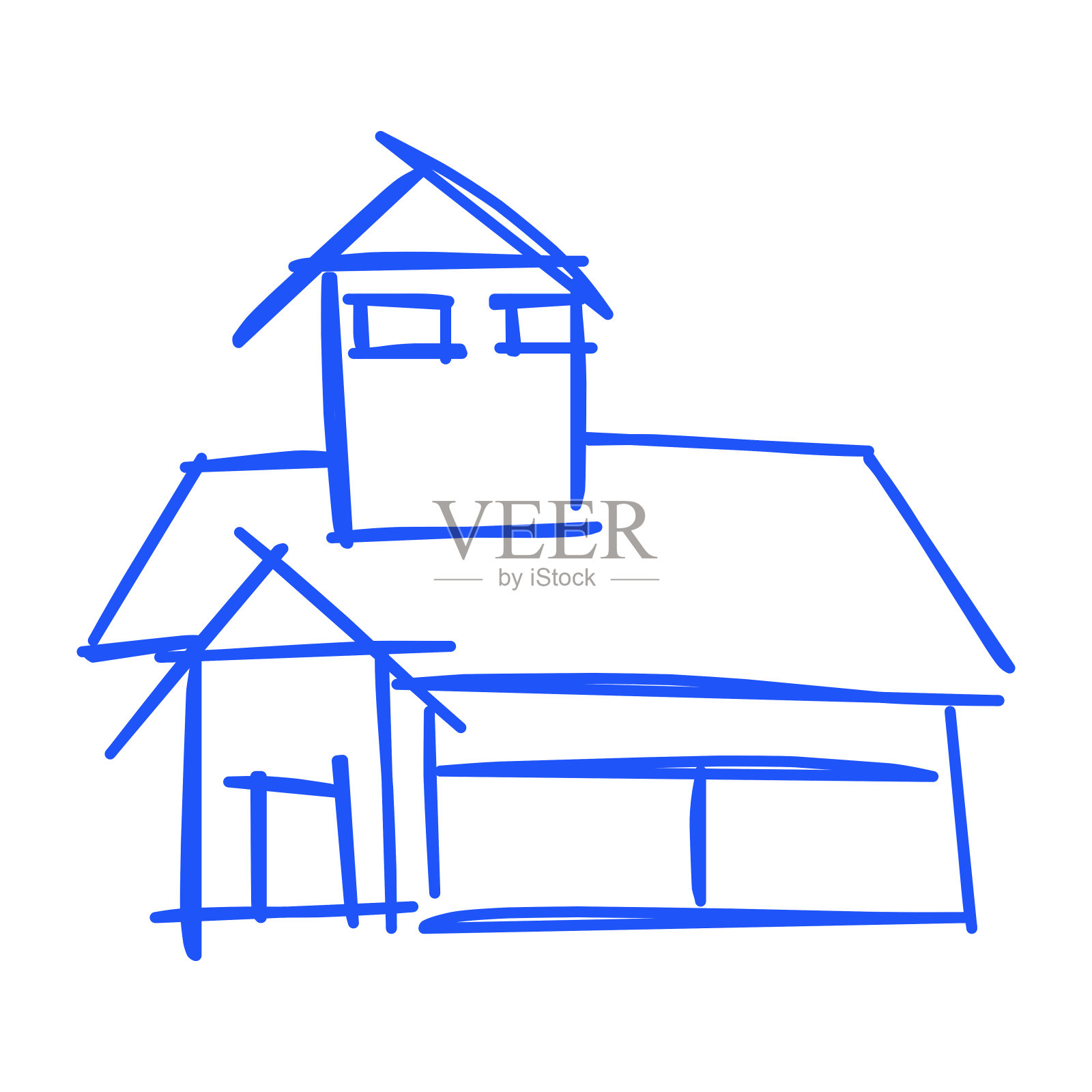 粗糙线条艺术的房子图标，简单，蓝色10插画图片素材