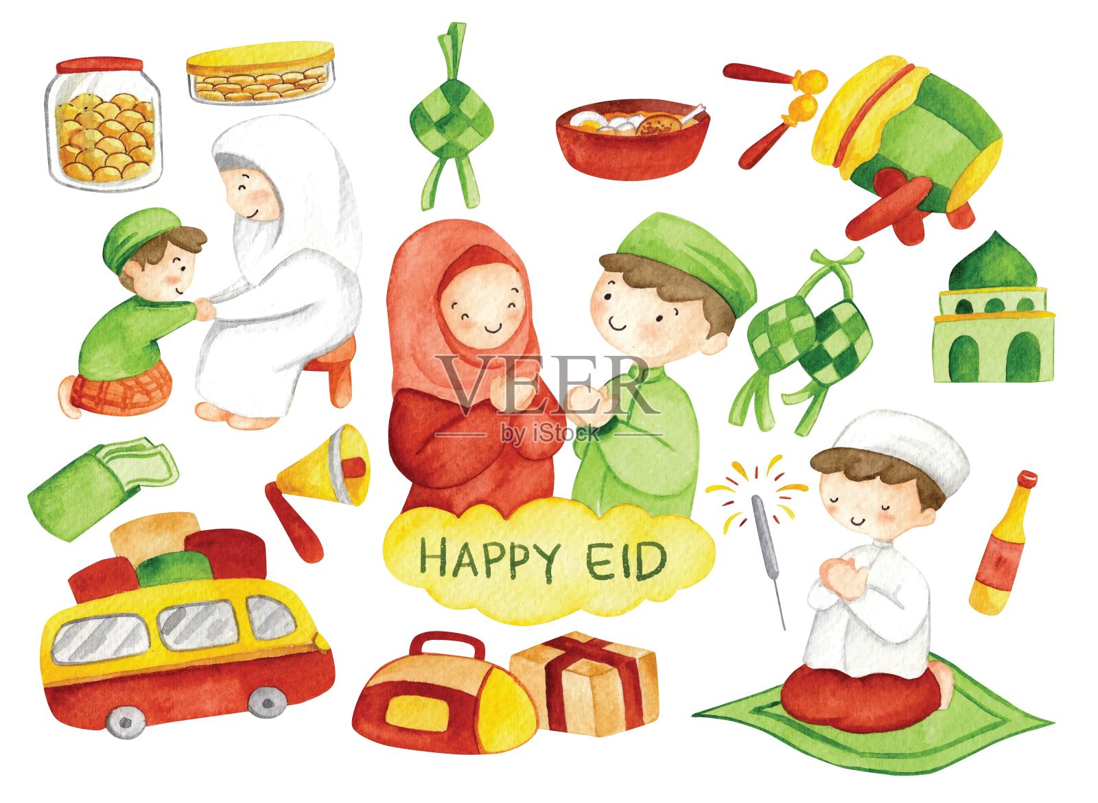 手绘Eid Mubarak或Idul Fitri涂鸦剪贴艺术在水彩矢量插图设计模板素材