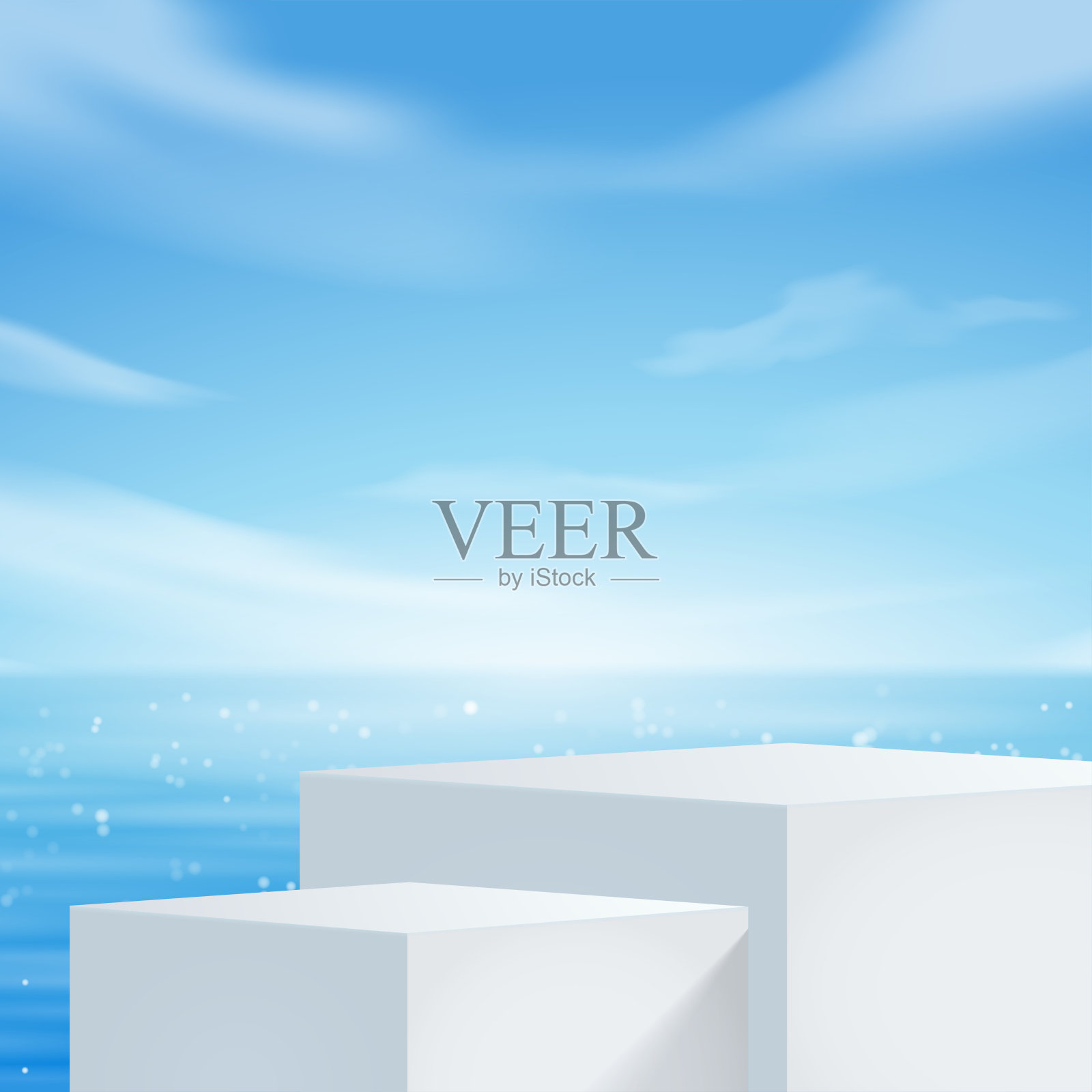 白色台板展示，以供产品展示，夏日沙滩，蓝海蓝天为背景。插画图片素材