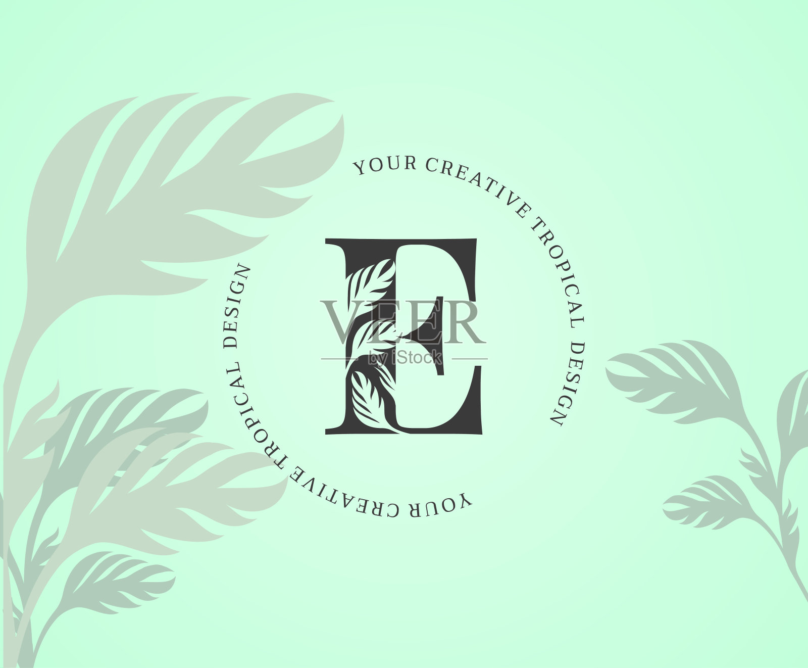 奇异的字母E标志与Monstera植物叶子纹理设计标志图标。创意热带怪物植物字母自然标志模板。插画图片素材