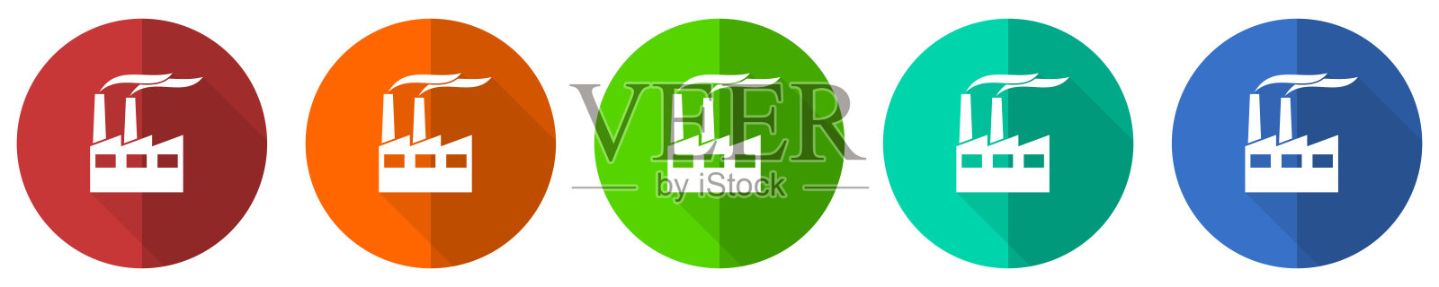 工厂图标集，工业建筑，工厂，污染，红色，蓝色，绿色和橙色平面设计网页按钮隔离在白色背景，矢量插图图标素材