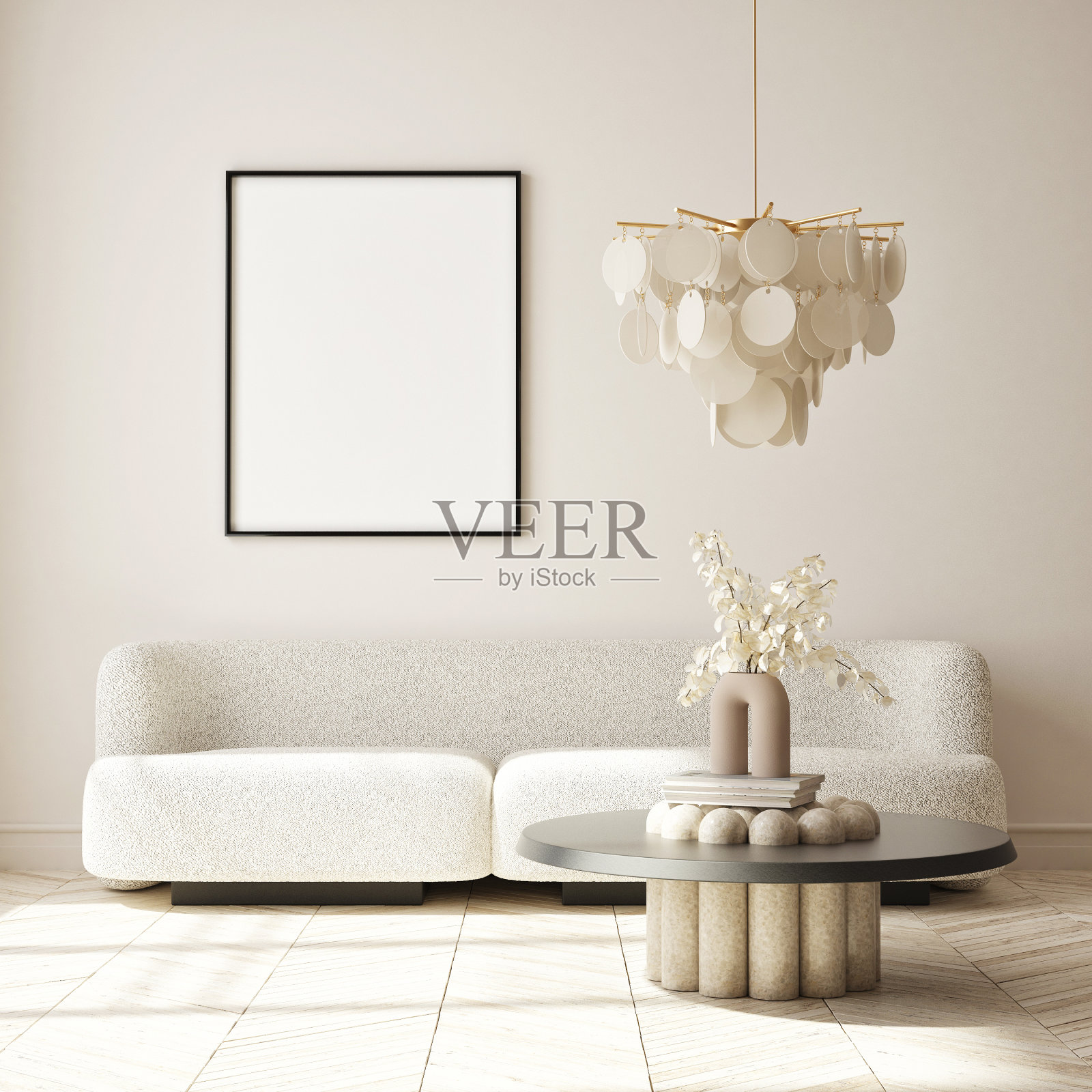 模拟海报框架在现代室内背景，极简主义风格，3D渲染照片摄影图片