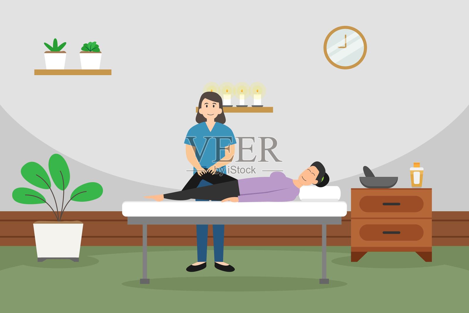 按摩师在诊所里按摩病人的膝盖插画图片素材