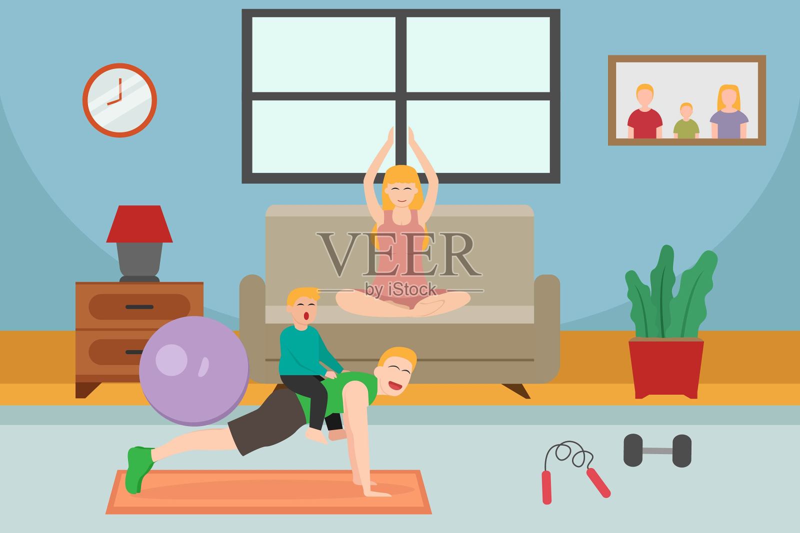 幸福的家庭在家里做运动插画图片素材