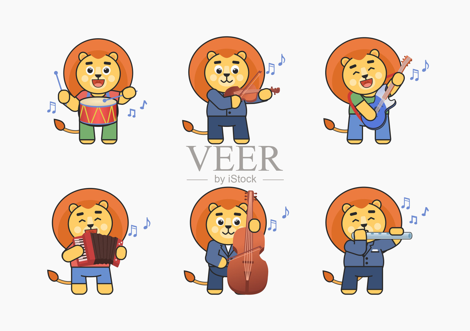 一组用各种乐器演奏的狮子人物设计元素图片