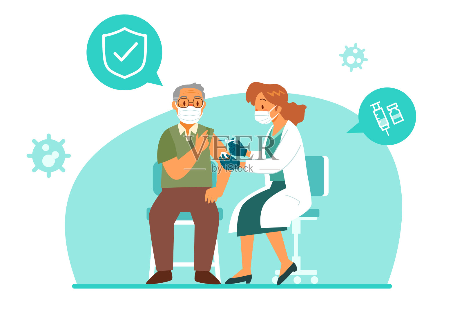 戴医用口罩的女医生为老年男子接种疫苗插画图片素材