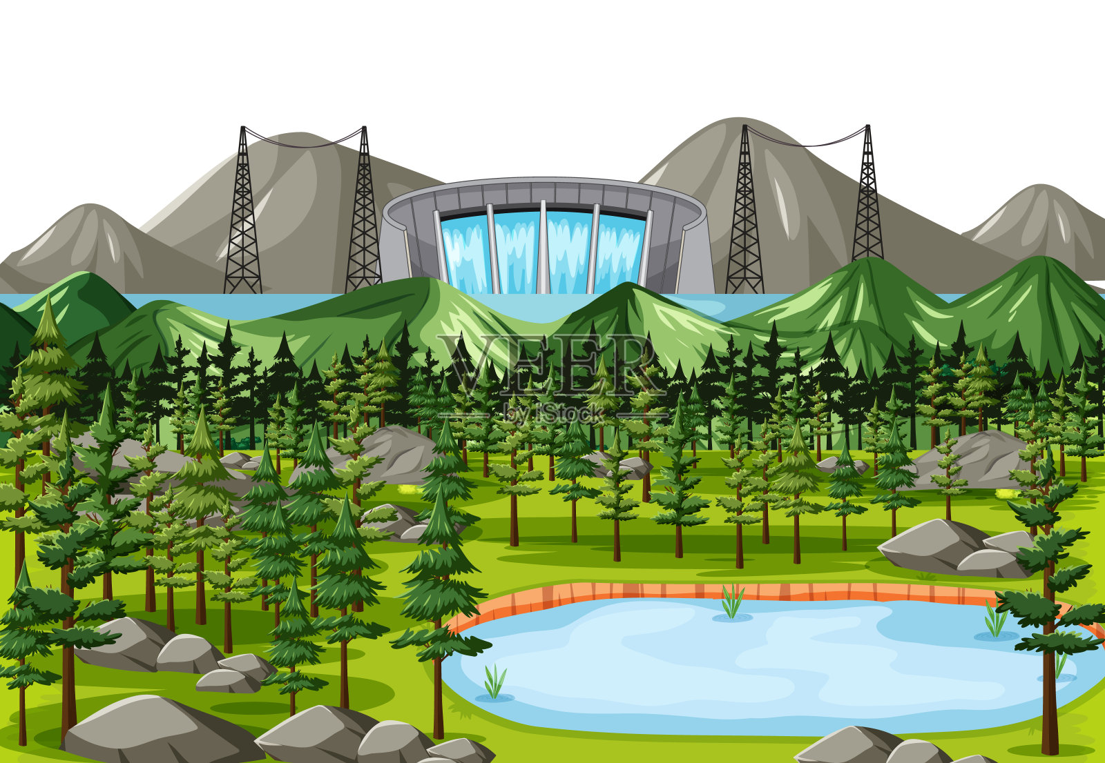 以大坝为背景的场景插画图片素材