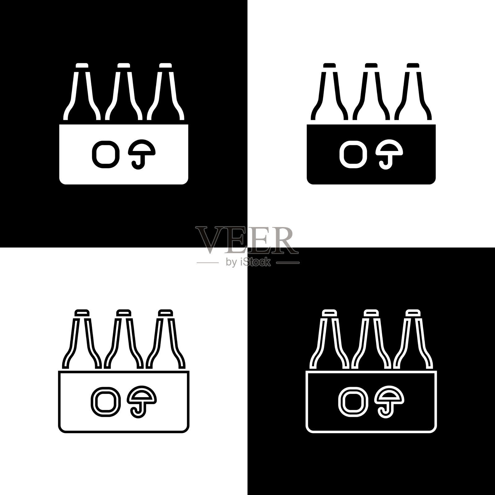 设置包装啤酒瓶图标孤立在黑色图标素材