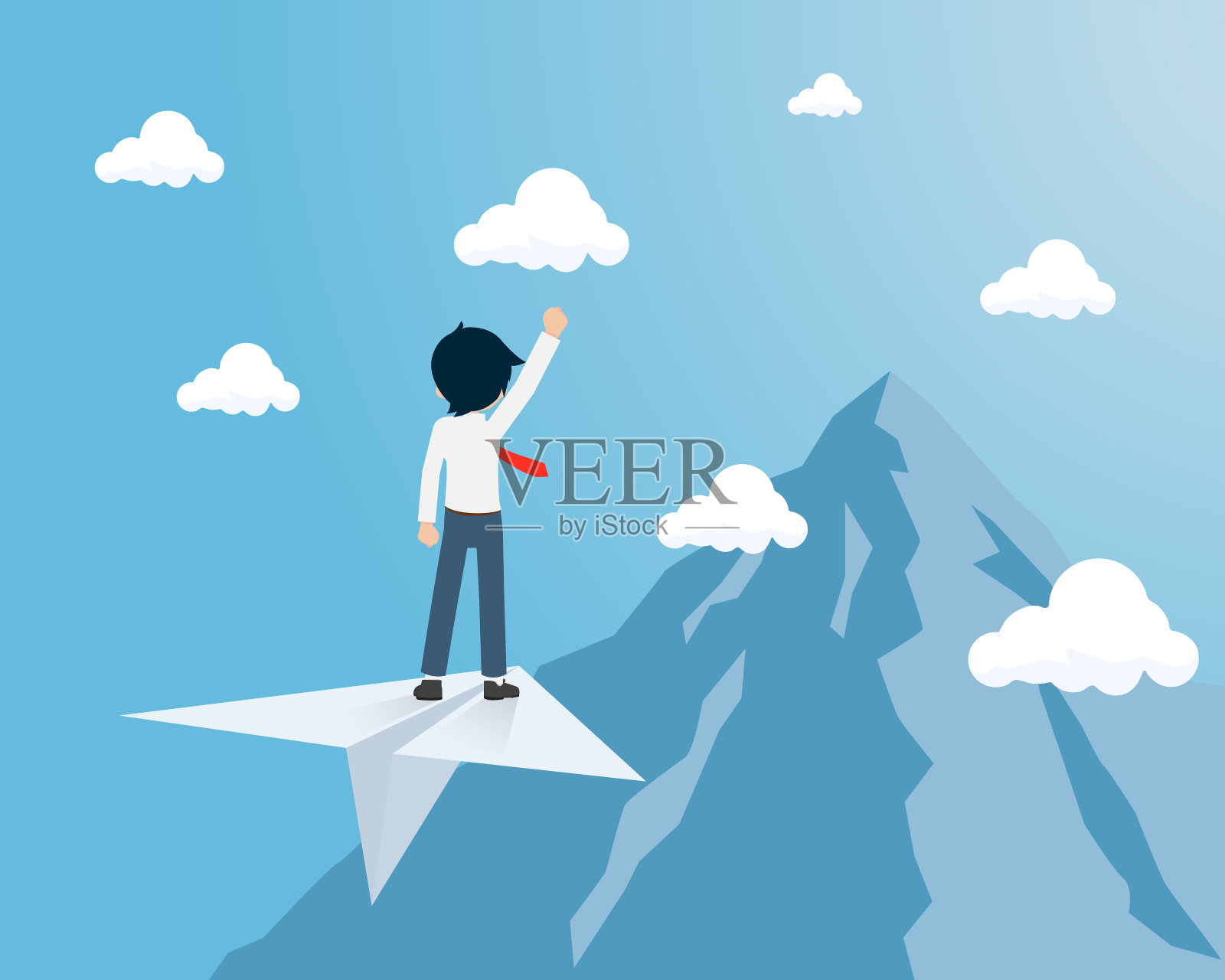 一个工薪族站在纸飞机上，向山顶进发插画图片素材