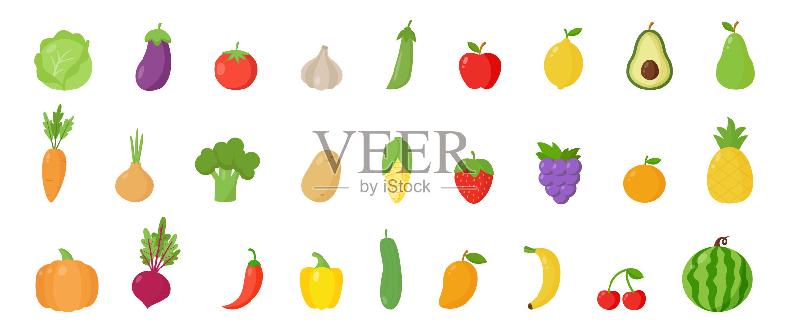 一套多彩的健康蔬菜和水果。矢量插图。插画图片素材