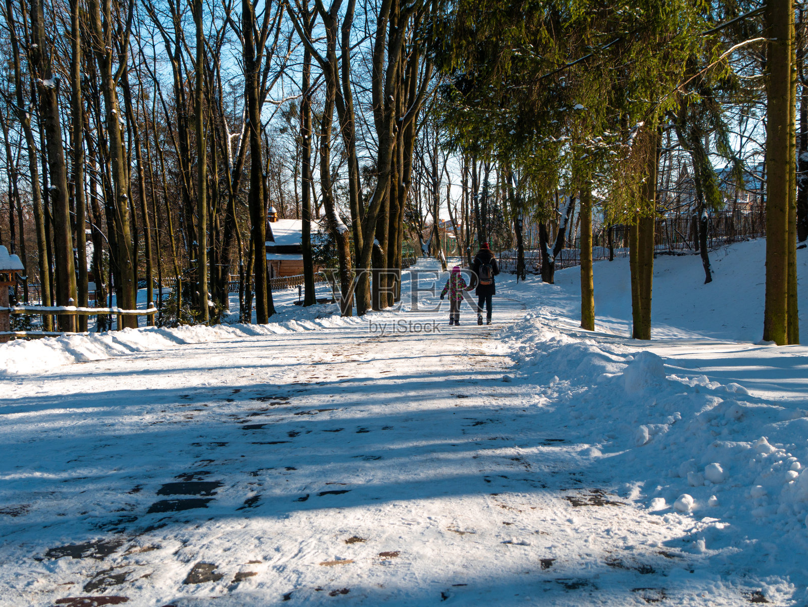 孩子女孩和妈妈穿着冬装走在雪地上的自然景观。滑雪场家庭活动休息。照片摄影图片
