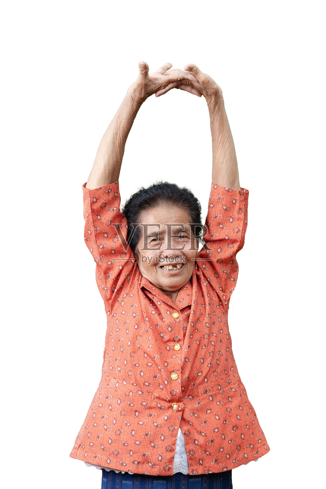 活跃的老年妇女的肖像热身伸展运动孤立在白色的背景。快乐的成熟或年长的女士，微笑和喜欢做运动。健身和健康生活理念。照片摄影图片