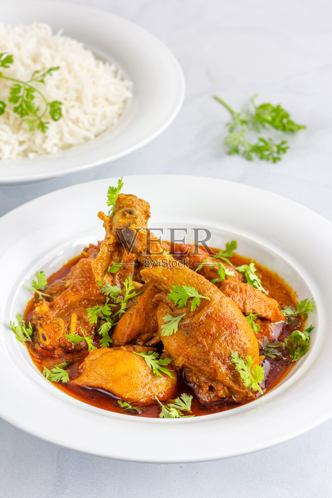 正宗的印度鸡肉咖喱自上而下的照片在白色的背景照片摄影图片