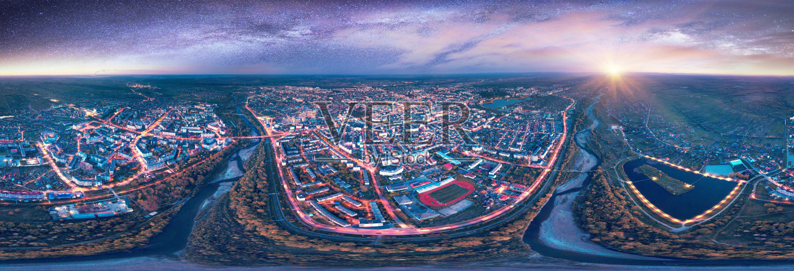 宇宙中的行星城市。照片摄影图片