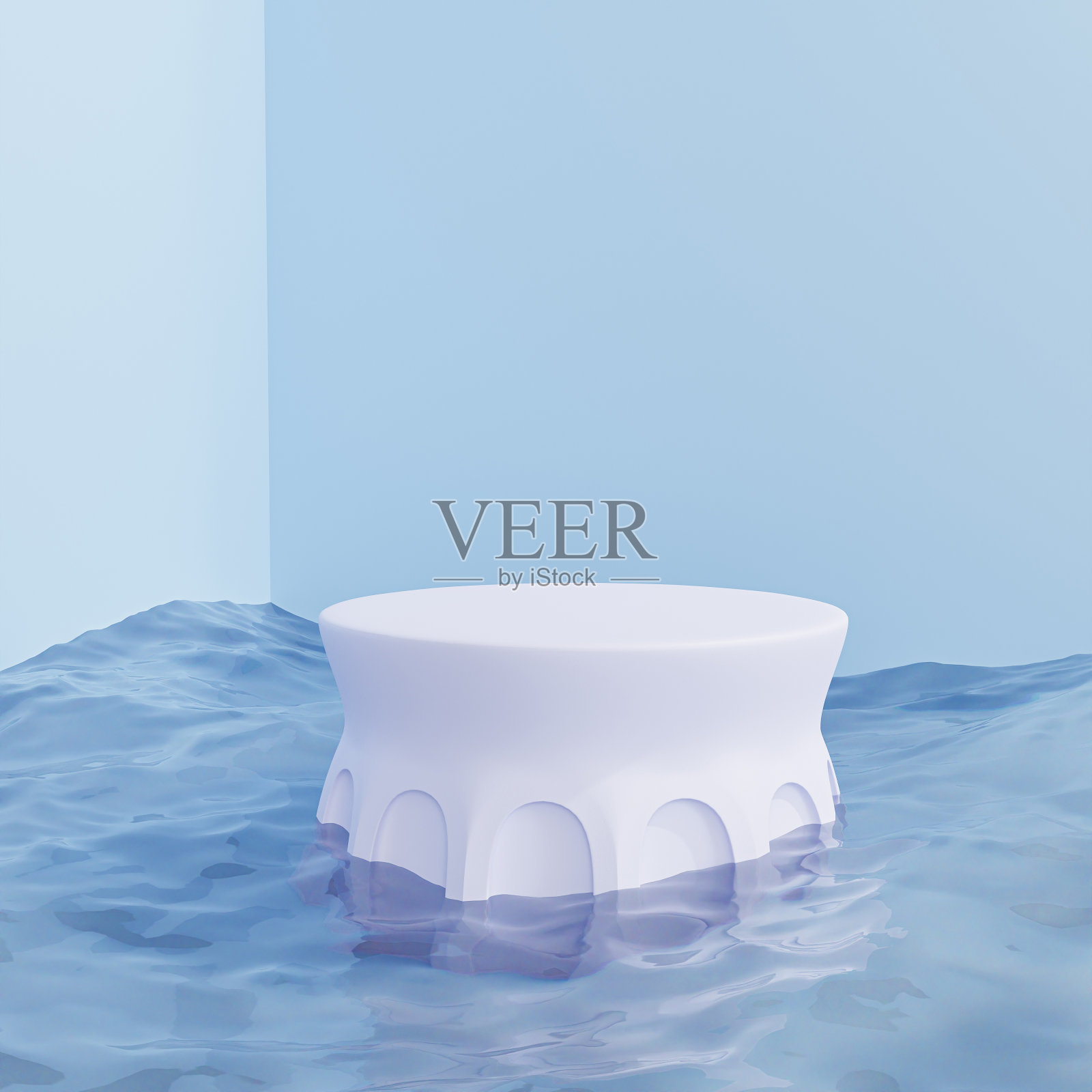 支柱平台或底座产品或广告在蓝色背景与海浪，最小的3d插图渲染照片摄影图片