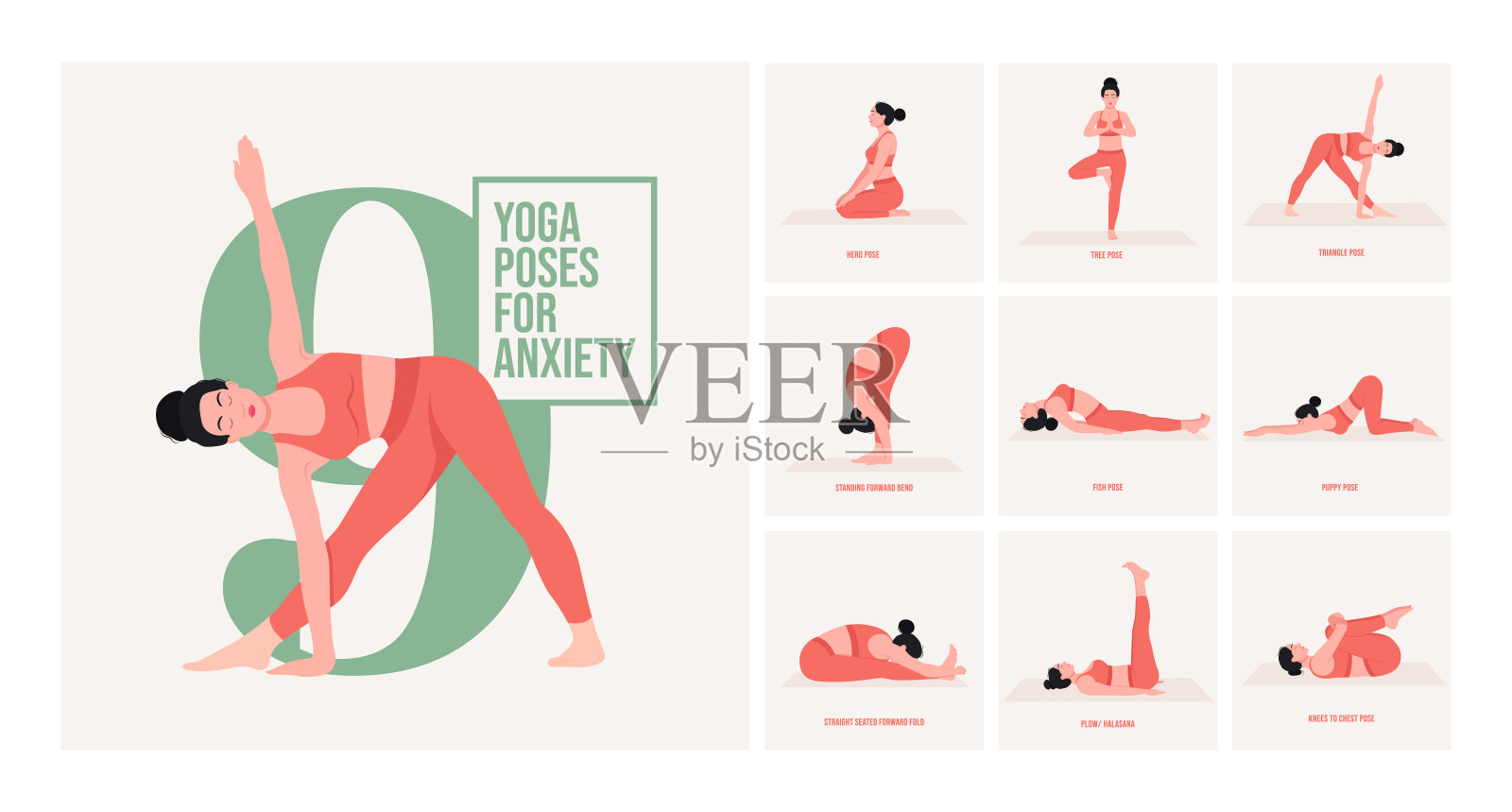 瑜伽姿势缓解焦虑。年轻女子练习瑜伽姿势。插画图片素材