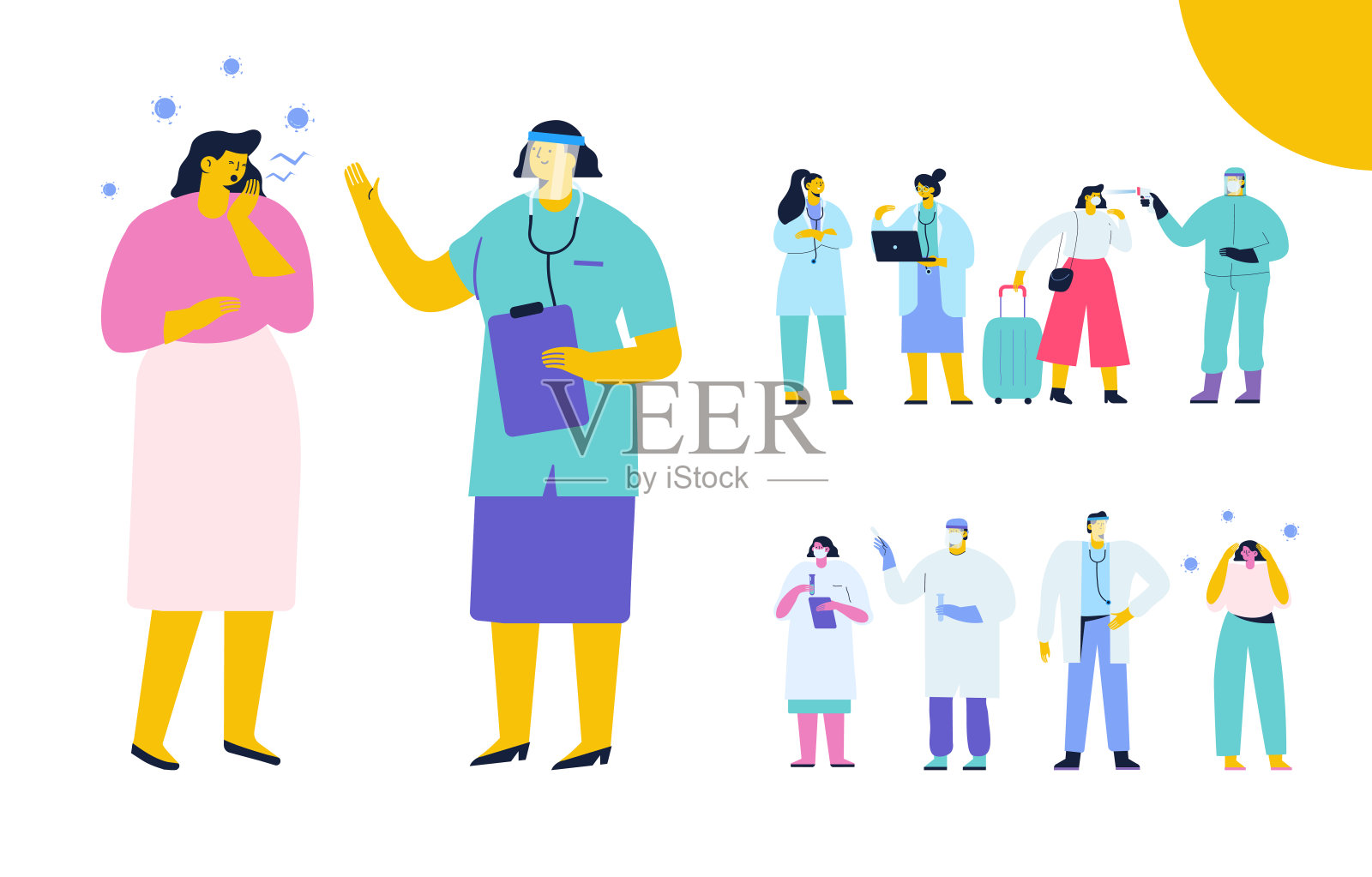 冠状病毒医生团队戴口罩抗击Covid-19，冠状病毒病，卫生保健和安全平面矢量隔离字符集插画图片素材