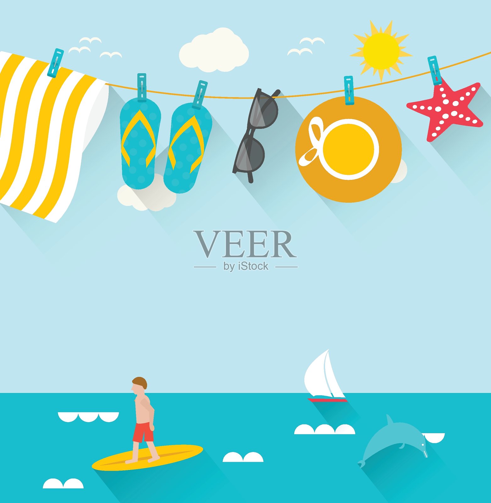 夏季背景与悬挂夏季图标，海，冲浪者，船，矢量插图。插画图片素材